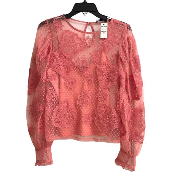 NWT Express Lace Long Sleeve Crew Swiss Dot Cami Pink Sexy Top XS - Picture 3 of 12
